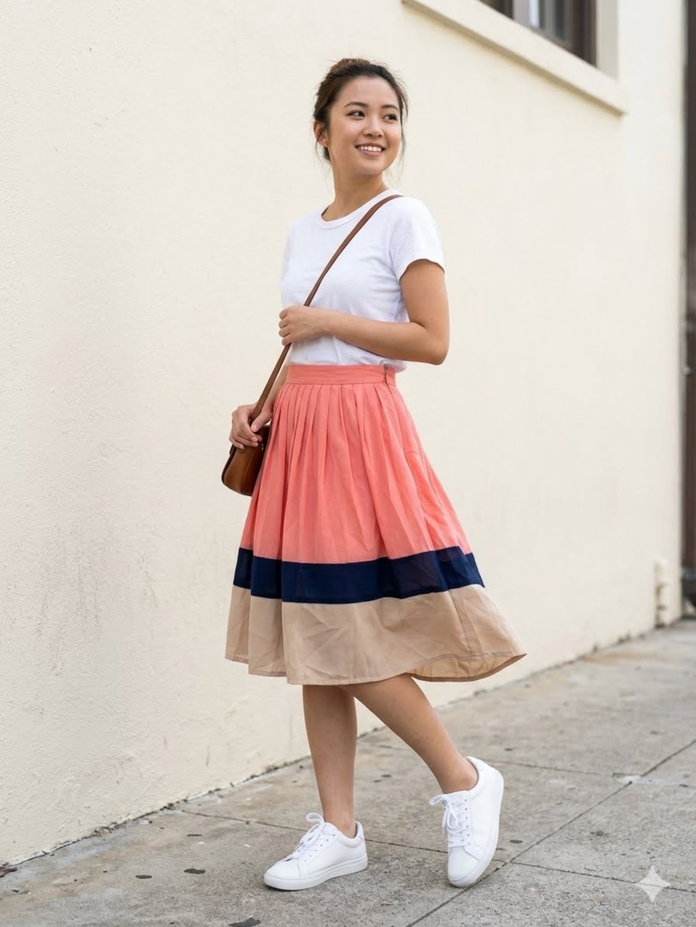 Forever 21 Coral Colorblock Circle Skirt with Navy & Tan Bands • Size XS